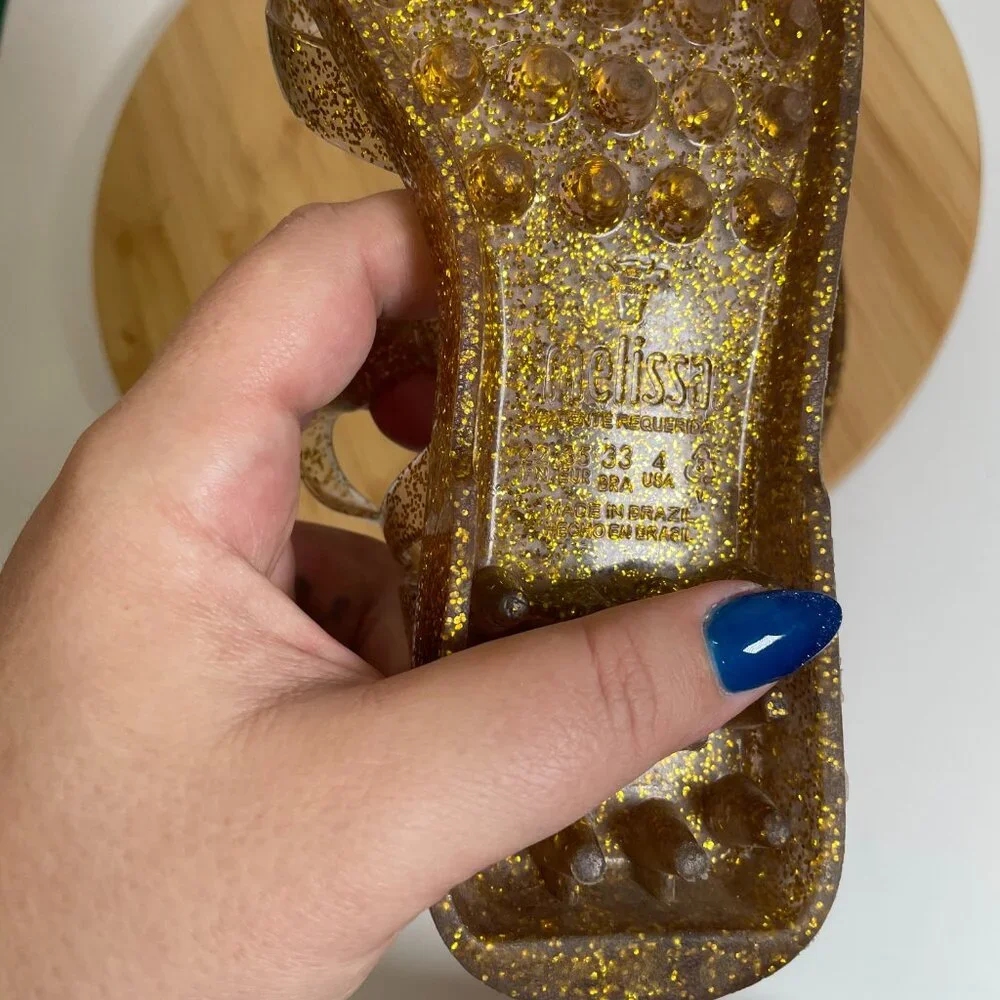 Mel by Melissa Girls 4 Gold Glitter Aranha Quadrada Sandals Square Toe Strappy